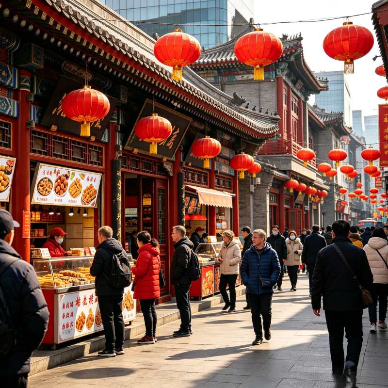 Beijing traditional snack street with red lanterns, historic downtown food street