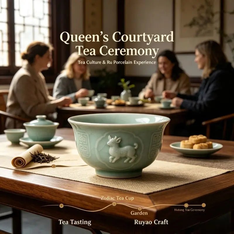 Elegant tea ceremony setup with Ru porcelain teaware in a private Beijing hutong courtyard