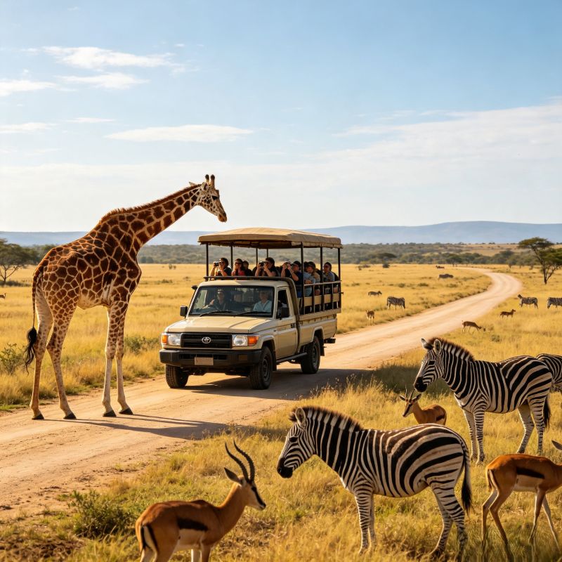 Drive-through safari zone at Chimelong Safari Park with giraffes, zebras and a safari tour truck on grassland