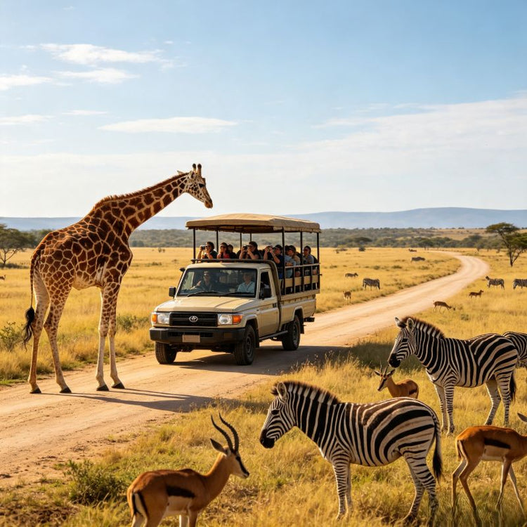 Drive-through safari zone at Chimelong Safari Park with giraffes, zebras and a safari tour truck on grassland