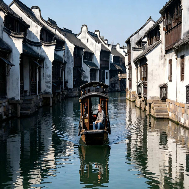 Western tourist exploring traditional canals in Wuzhen water town, China - Private Jiangnan tour