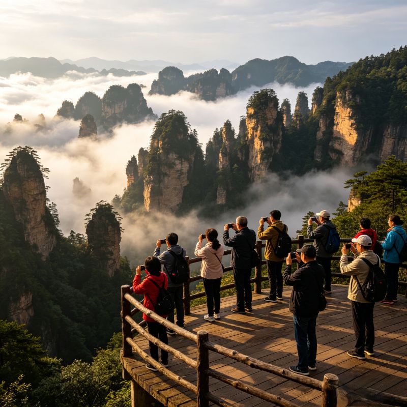 Tourists viewing peak forest at Tianzi Mountain, Zhangjiajie National Forest Park