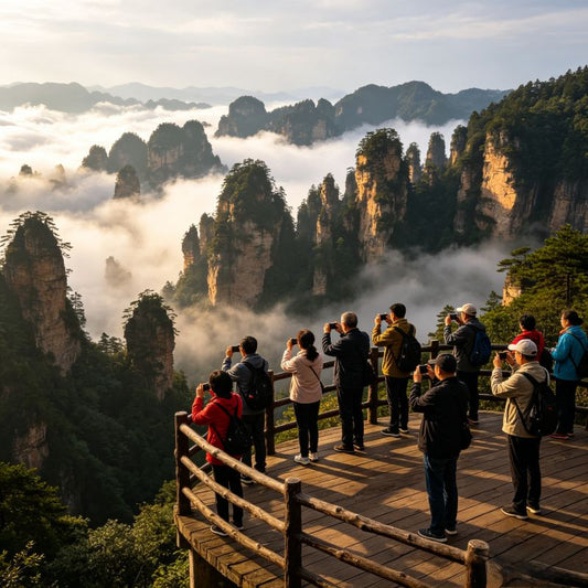 Tourists viewing quartz sandstone peaks & cloud sea at Huangshizhai platform, Zhangjiajie National Forest Park, Hunan