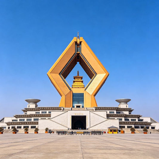 Famen Temple Namaste Dagoba, iconic golden Buddhist pagoda with grand square, scenic area in Shaanxi, China
