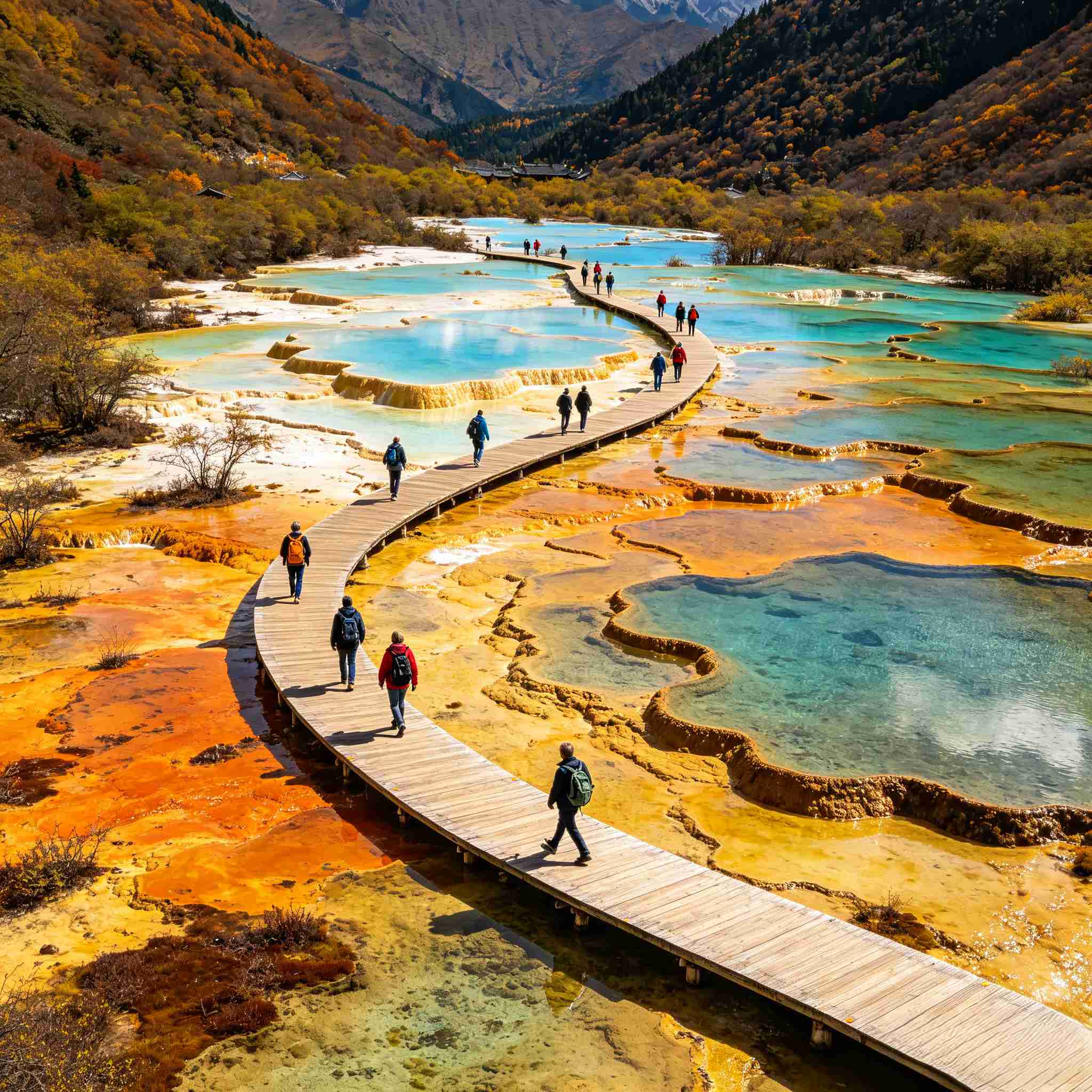 Golden travertine terraces and clear pools in Huanglong National Park, Sichuan