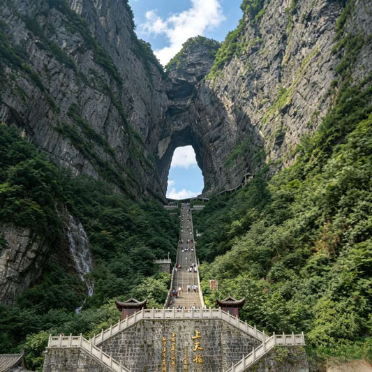 Tianmen Cave natural karst arch with 999 steps, iconic landmark of Tianmen Mountain, Zhangjiajie Hunan China
