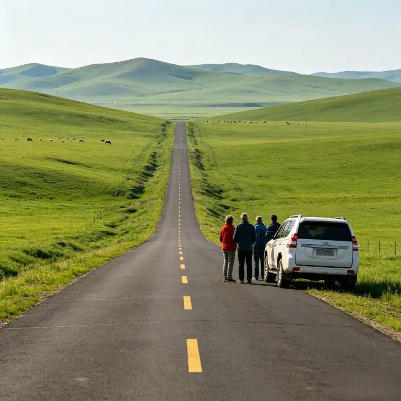 Private tour SUV parked on scenic grassland highway during Hulunbuir road trip