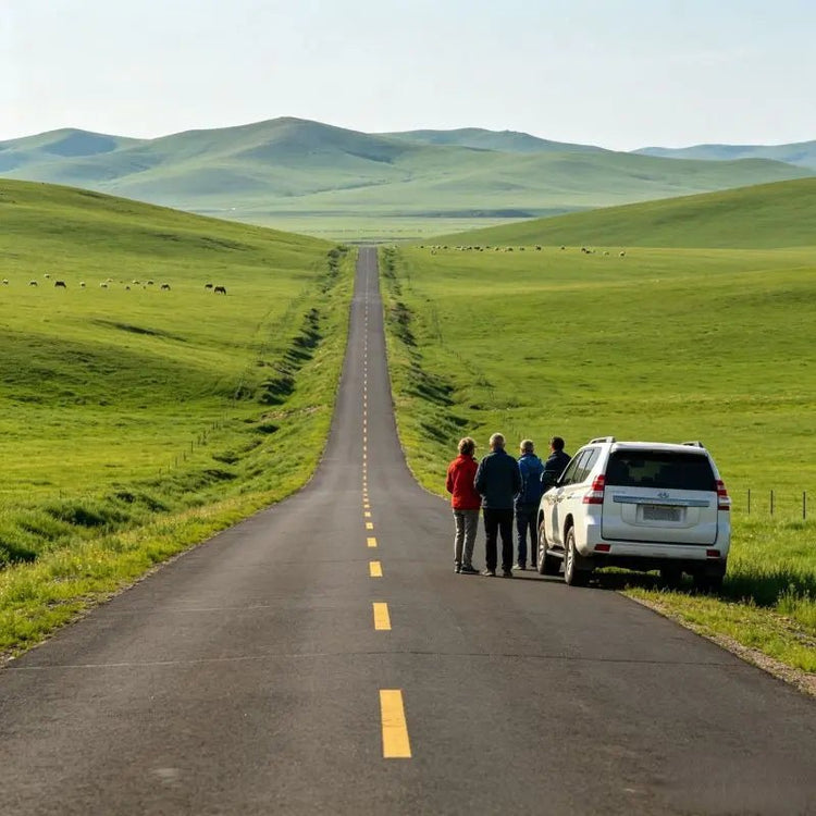 Private tour SUV parked on scenic grassland highway during Hulunbuir road trip