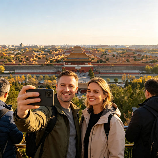 Jingshan Park travel photo with foreign tourists taking photos and Beijing city skyline in the background