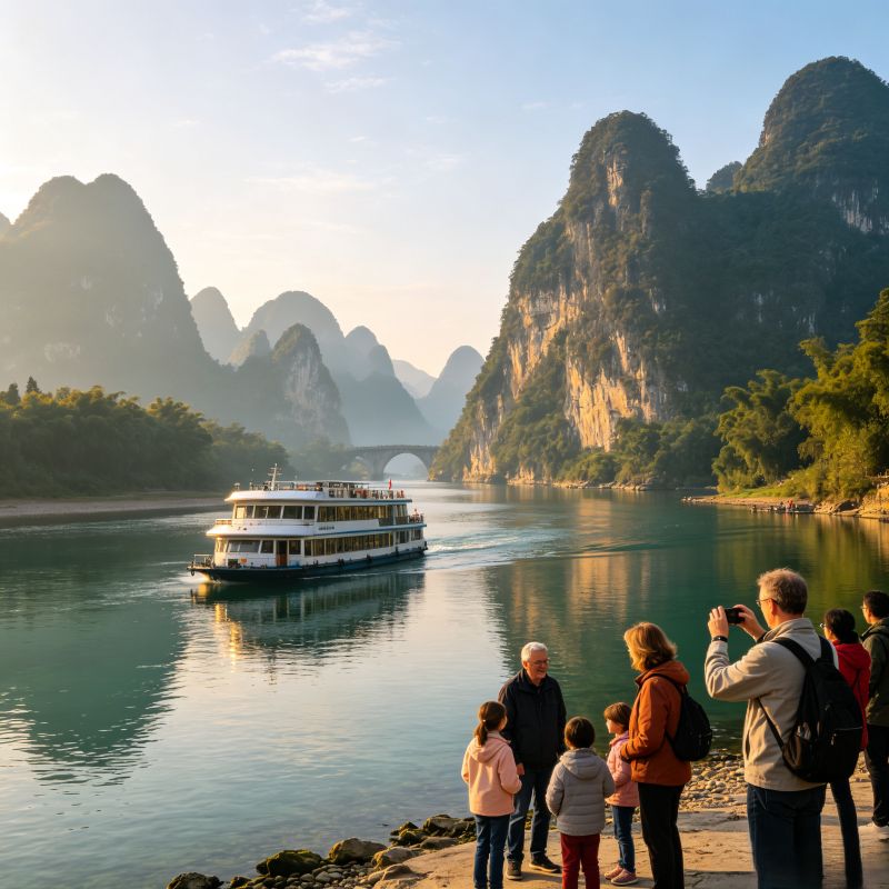 Li River sightseeing cruise boat, western tourists enjoying karst mountain scenery on deck, Guilin China