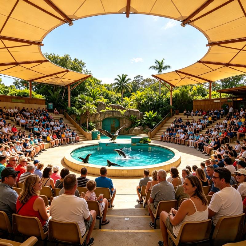 Open-air animal performance stadium at Chimelong Safari Park with audience seating and a central show pool