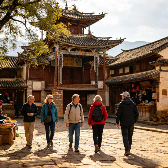 Foreign tourists walking through the ancient streets of Shaxi Ancient Town, Yunnan.