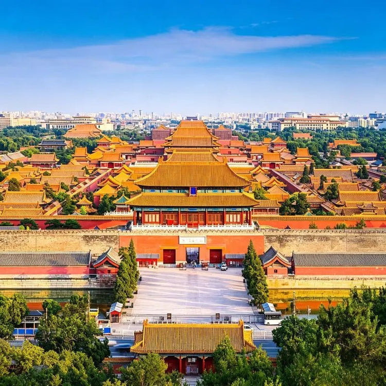 Forbidden City palace complex in Beijing, red walls and golden roofs along central axis, ancient Chinese imperial architecture