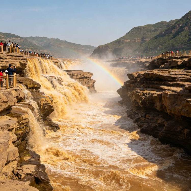 Hukou Waterfall on Yellow River, rushing water through narrow pot-mouth gorge with rainbow in spray, Shaanxi China