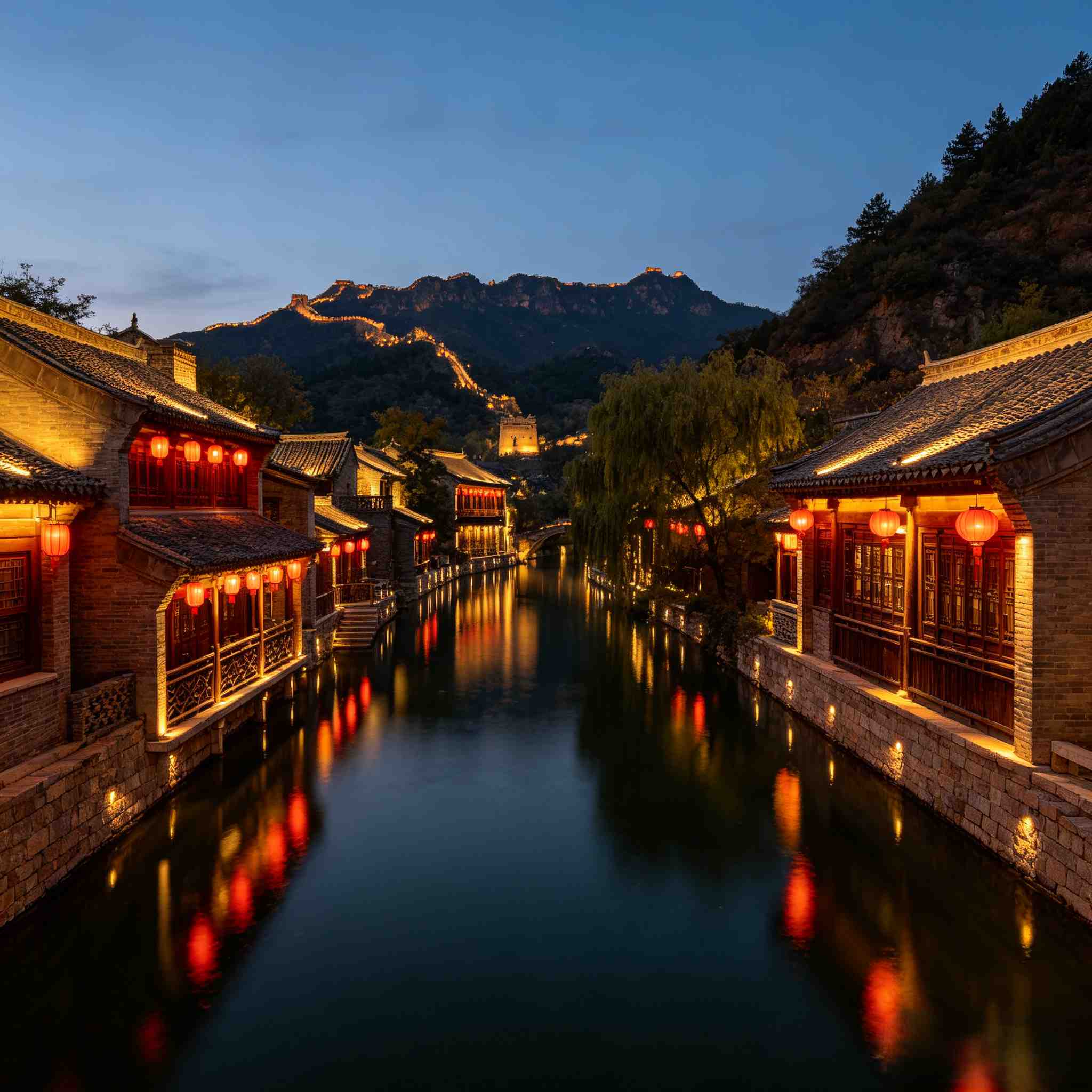 Illuminated water canal of Gubei Water Town at night, tranquil empty view