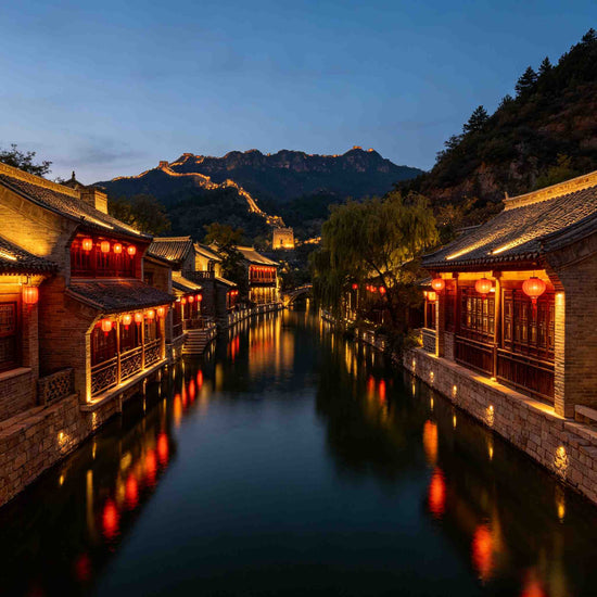 Illuminated water canal of Gubei Water Town at night, tranquil empty view