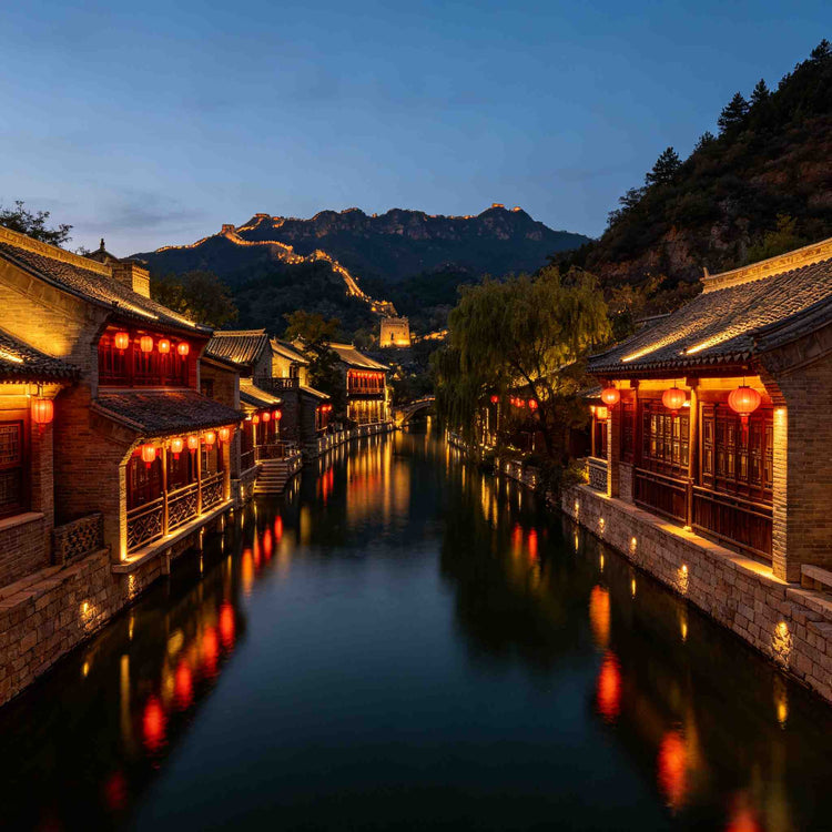 Illuminated water canal of Gubei Water Town at night, tranquil empty view