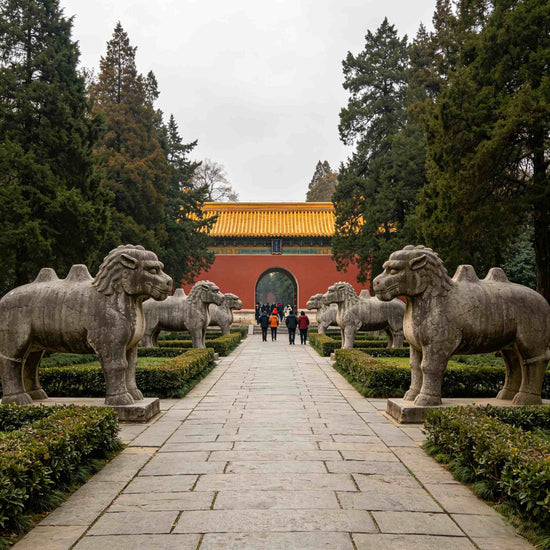 Sacred stone guardian statues at Ming Xiaoling Mausoleum, UNESCO-listed imperial tomb in Nanjing China