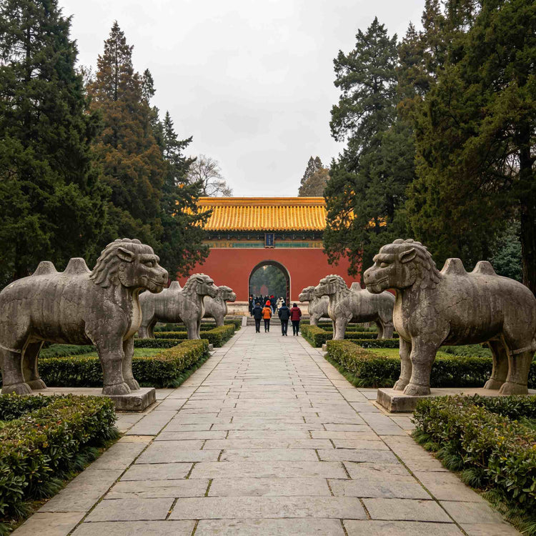 Sacred stone guardian statues at Ming Xiaoling Mausoleum, UNESCO-listed imperial tomb in Nanjing China