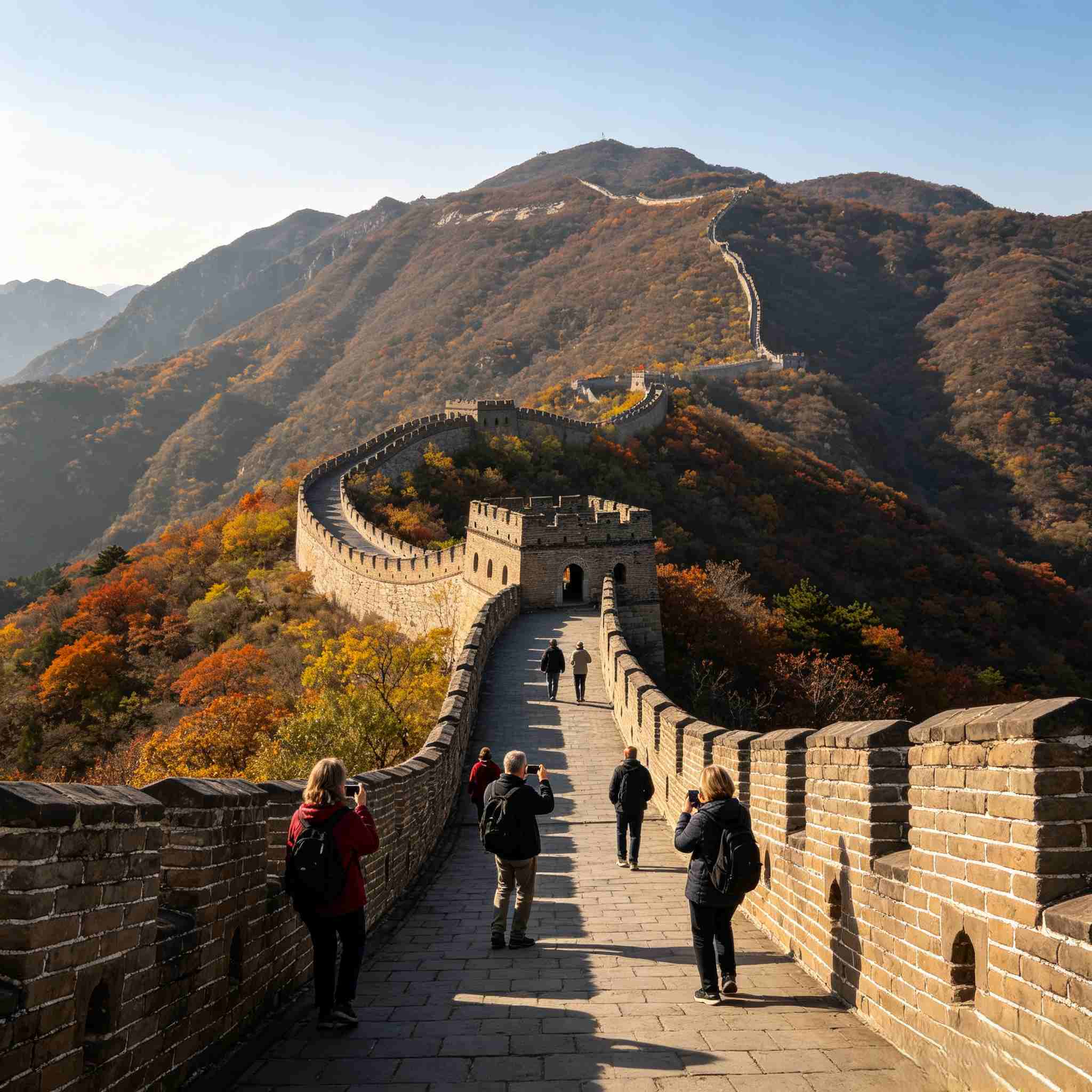 Visitors walking along the Mutianyu Great Wall with mountain scenery in autumn