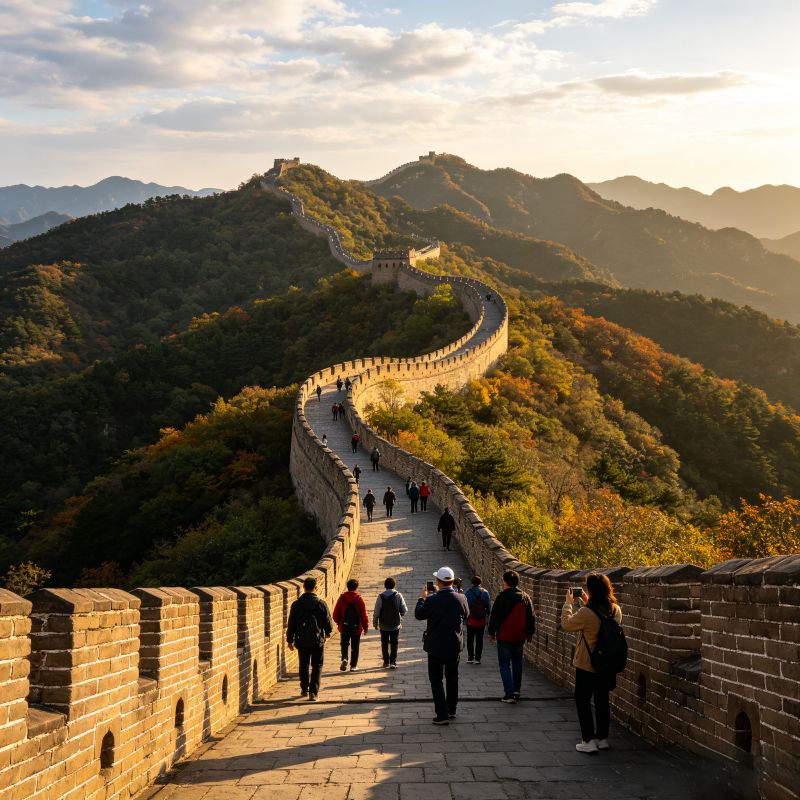 Mutianyu Great Wall hiking trail, western tourists on ancient Ming Dynasty wall with forested mountains, Beijing China