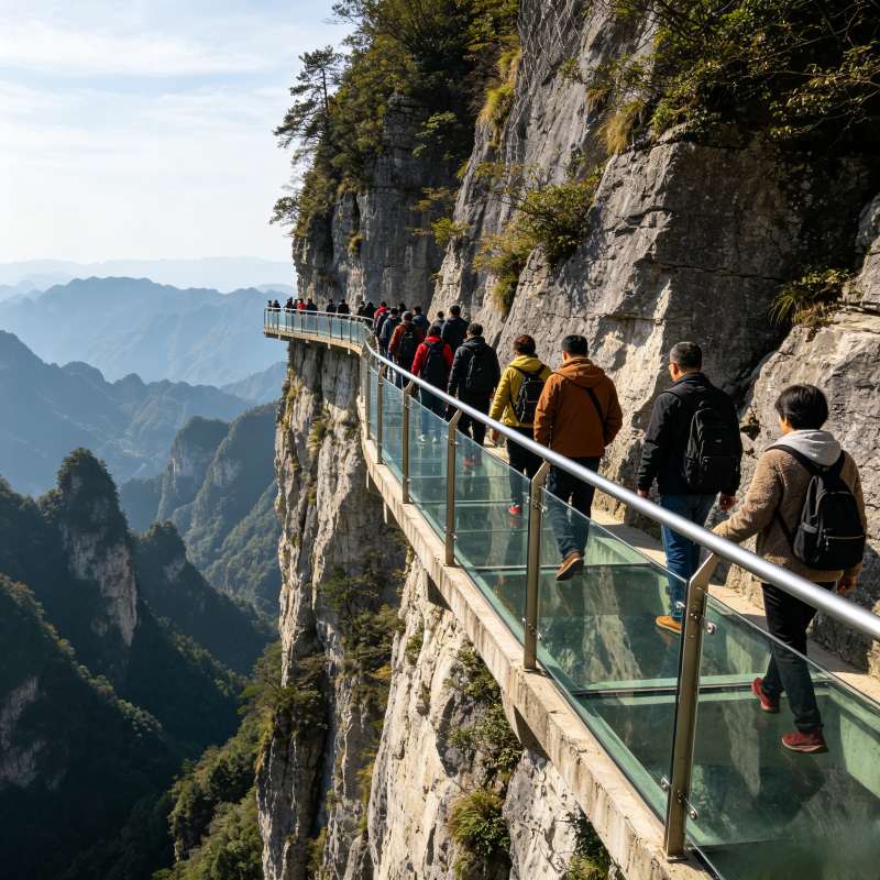 Cliff glass skywalk on Tianmen Mountain, thrilling attraction in Zhangjiajie