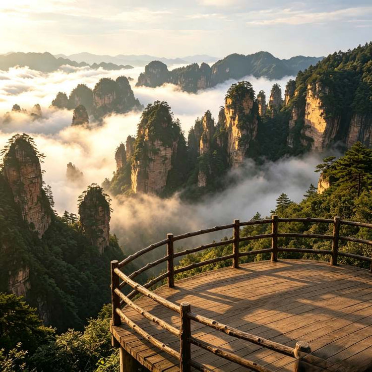 Wooden viewing platform overlooking Zhangjiajie peak forest with cloud sea at dawn