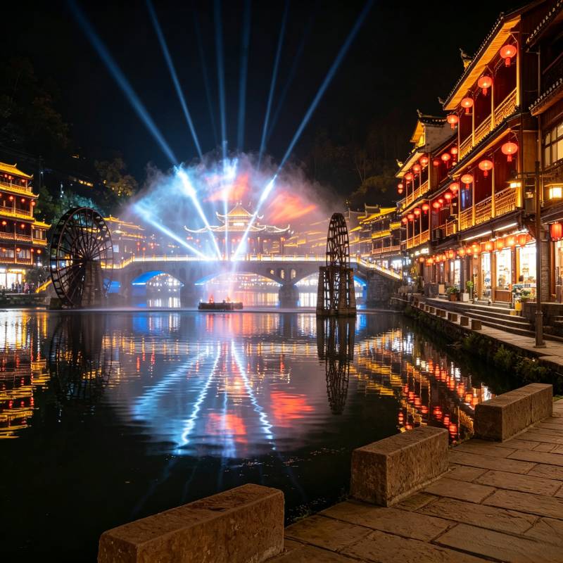Tuojiang River night water curtain light show, stilt houses with lantern reflections, Fenghuang Ancient Town