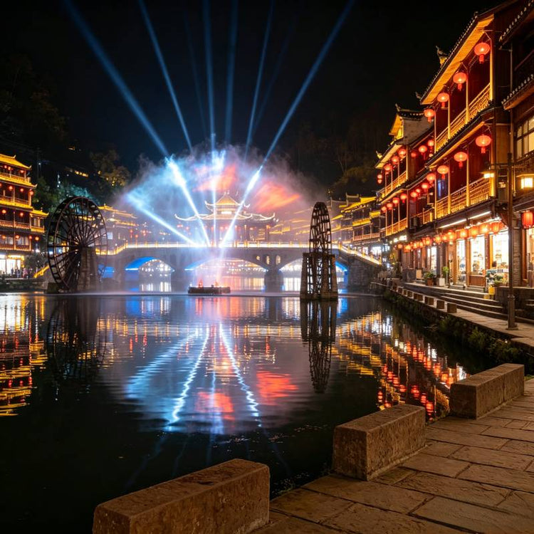 Tuojiang River night water curtain light show, stilt houses with lantern reflections, Fenghuang Ancient Town