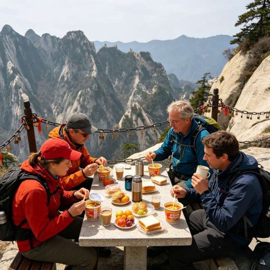 Hikers resting and having lunch at the summit of Mount Huashan with rugged mountain range backdrop