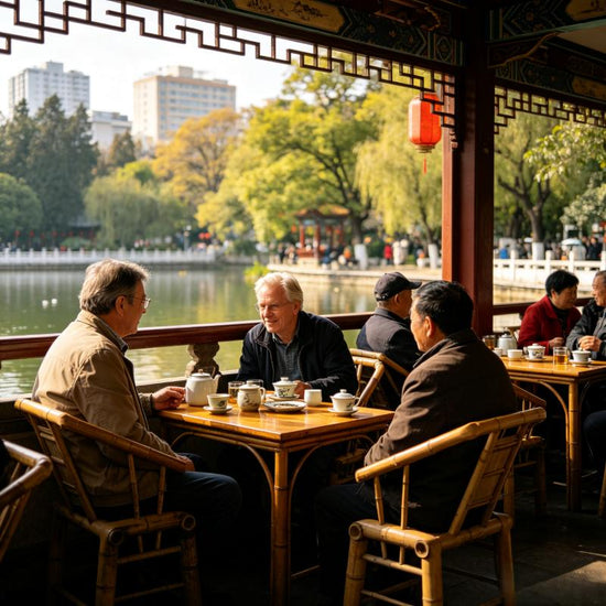 Group of people drinking tea in traditional Chinese teahouse pavilion at Cuihu Park, Kunming Yunnan