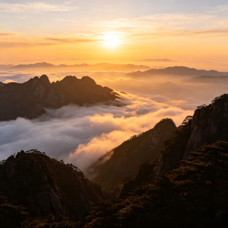 Huangshan Mountain sunrise over sea of clouds, UNESCO World Heritage natural wonder in Anhui