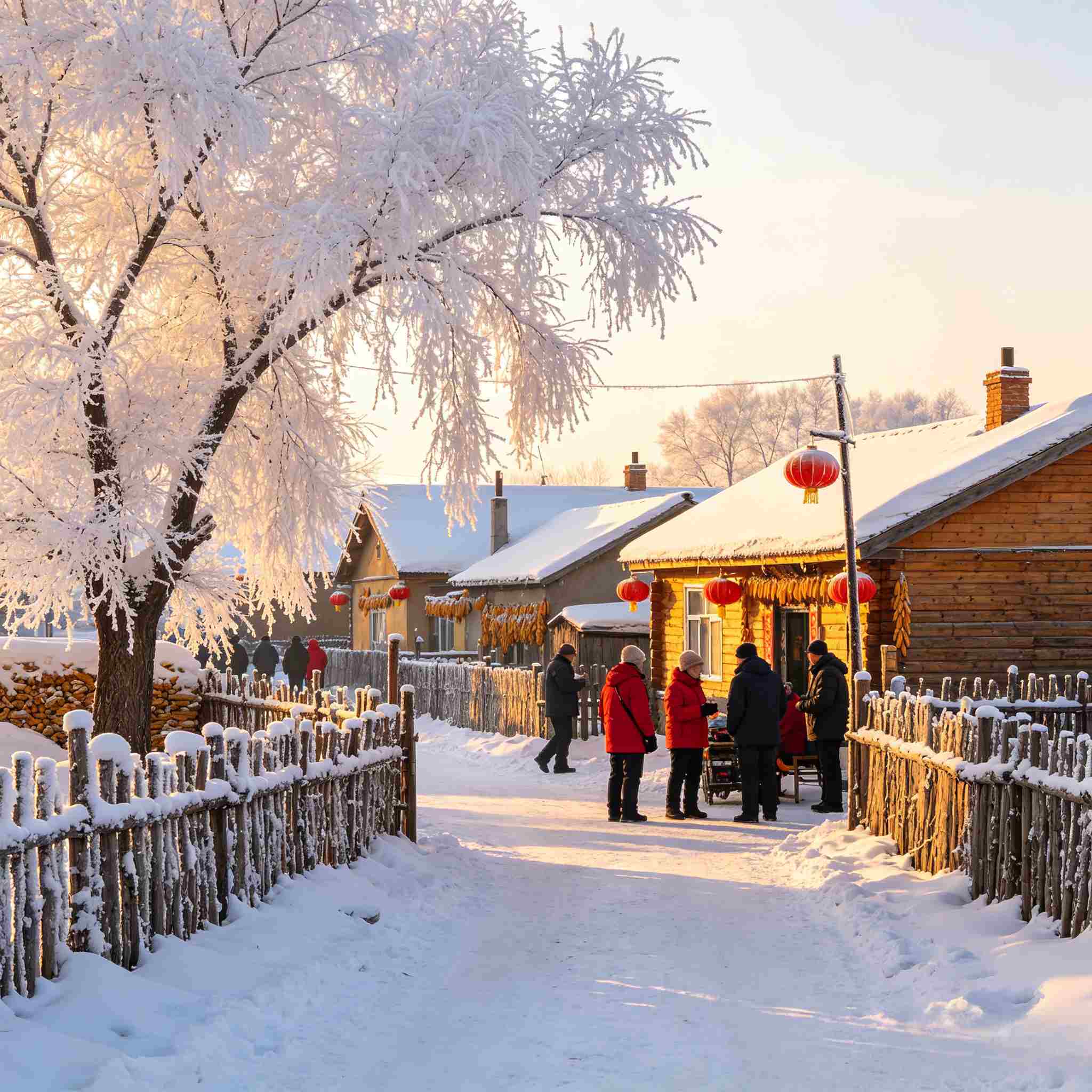 Snow-covered village lane with rime trees and red lanterns on Wusong Island in winter