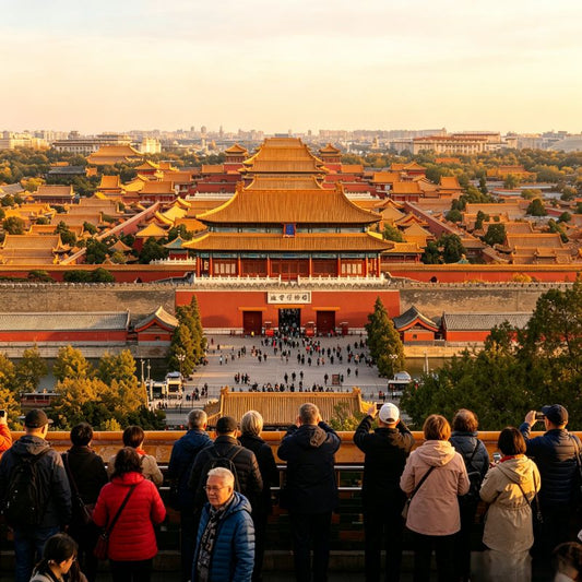 Panoramic view of Forbidden City with visitors, historic imperial complex in Beijing