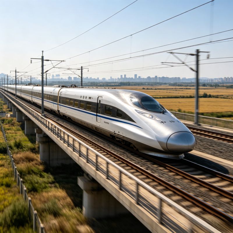 High-speed bullet train traveling on elevated railway, modern China railway transportation with motion blur speed effect