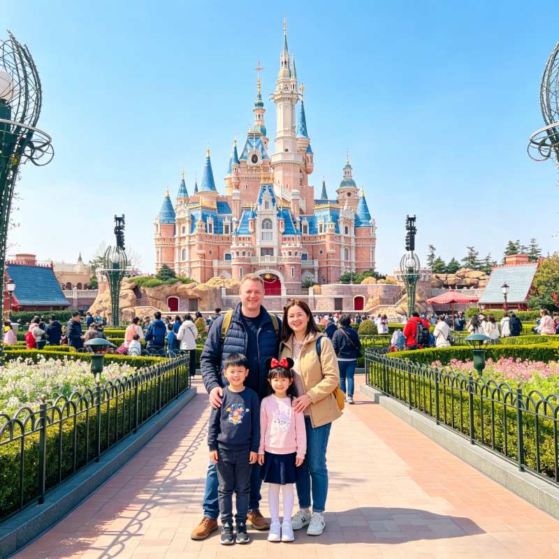 Western family at Shanghai Disneyland castle, first Disney resort in mainland China