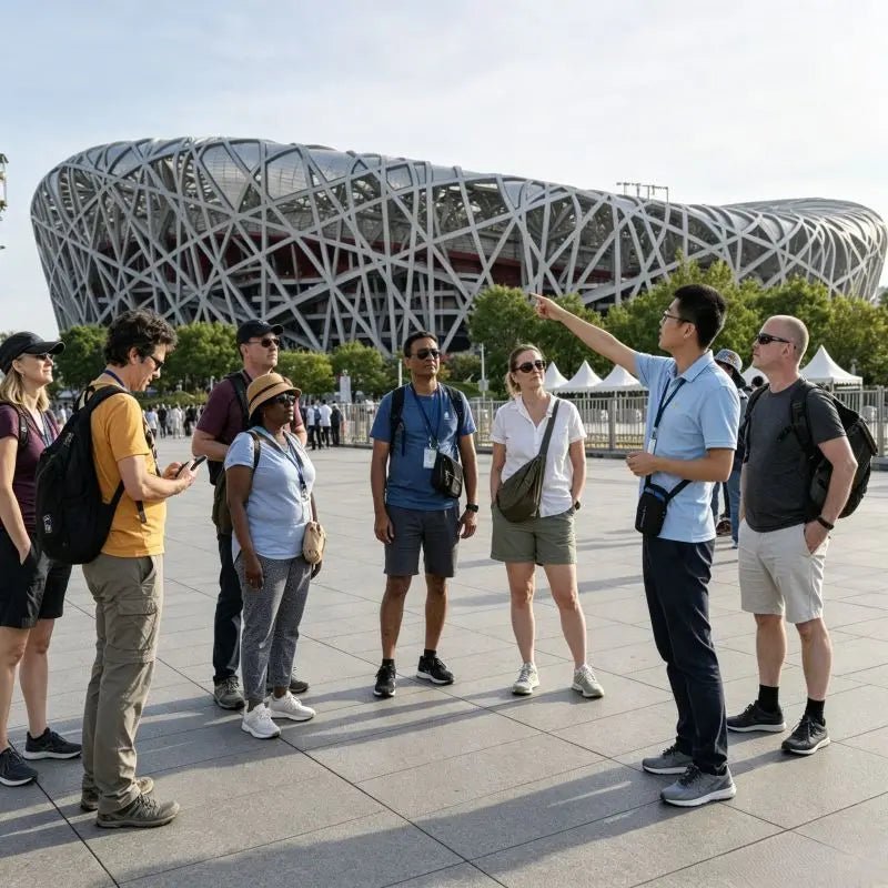 Tour group at Beijing Bird's Nest National Stadium, travelers listening to guide, China city travel attraction