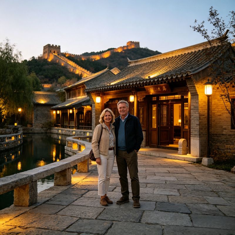 Two international tourists on stone lane of Gubei Water Town at dusk