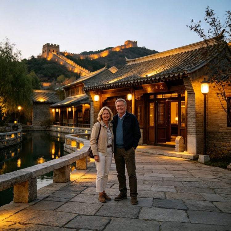 Two international tourists on stone lane of Gubei Water Town at dusk