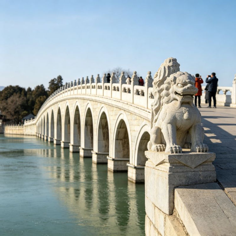 The Seventeen-Arch Bridge of the Summer Palace, a marble bridge with delicate stone lion carvings across Kunming Lake