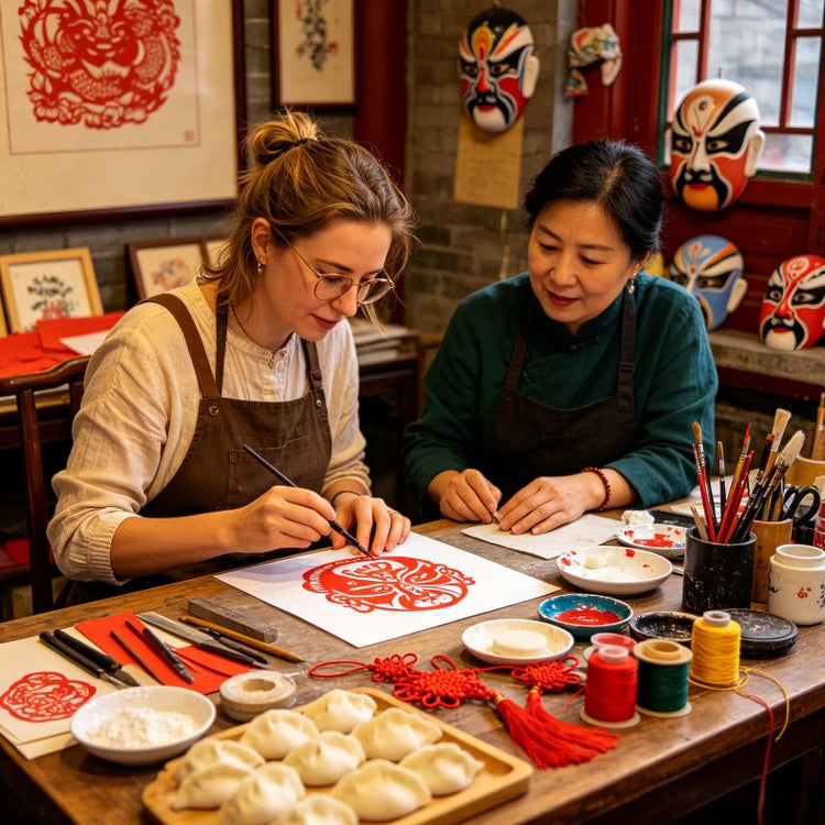 International traveler learning traditional Chinese paper cutting craft at a Beijing hutong cultural workshop, with handmade souvenirs and art supplies on the table