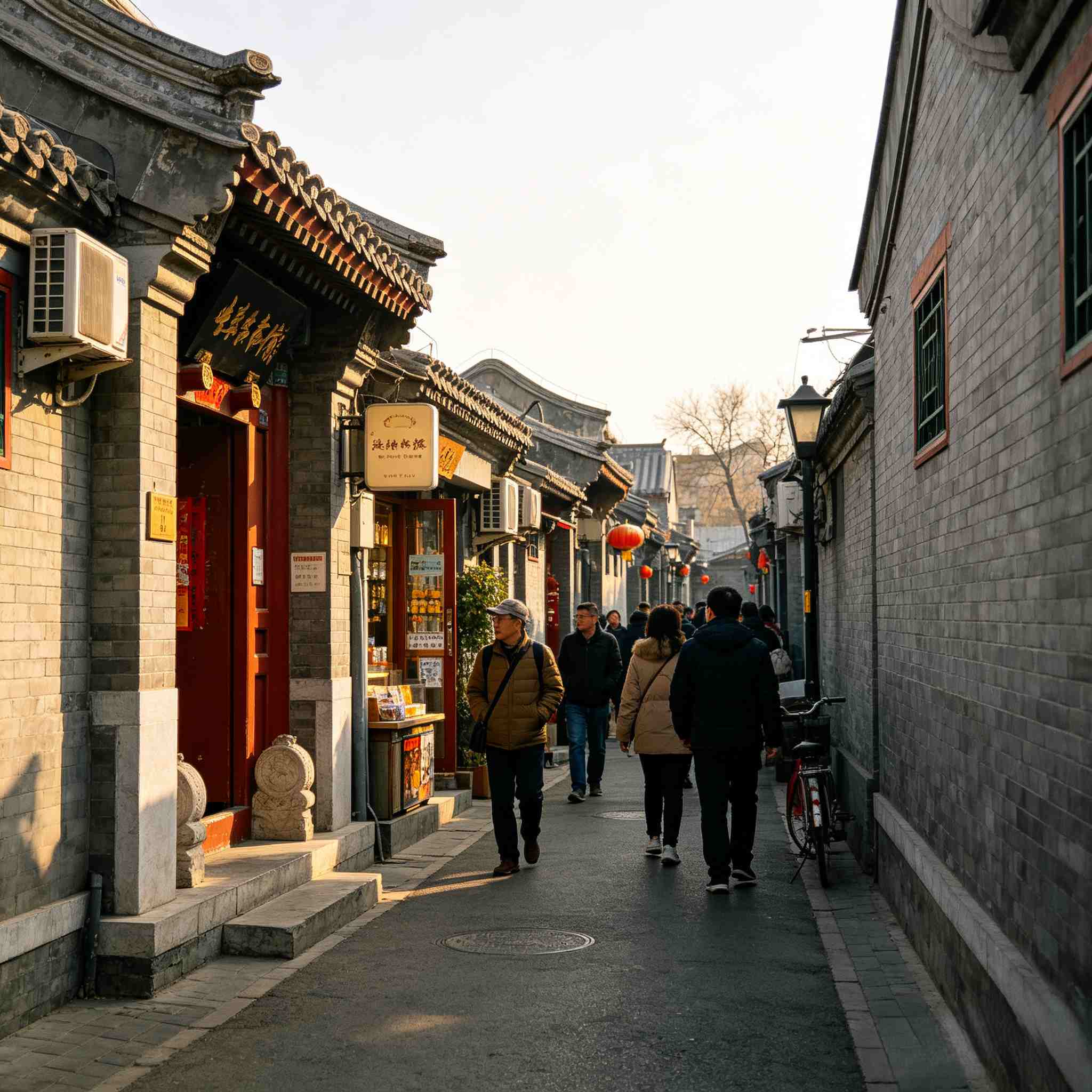Traditional Beijing hutong alley with historic courtyard houses and street life