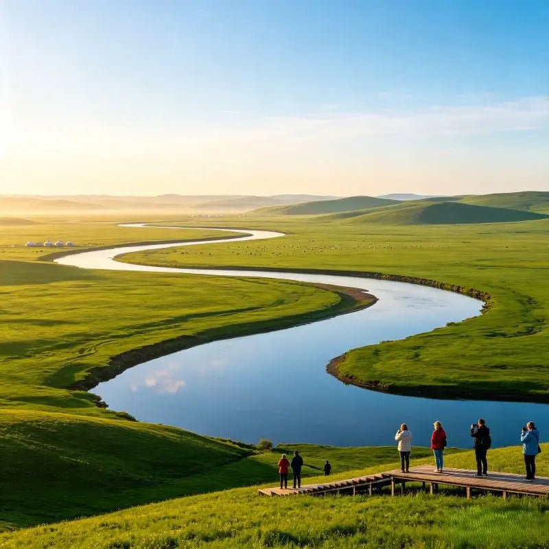 Morigele River winding across vast Hulunbuir grassland, tourists viewing the landscape from observation deck
