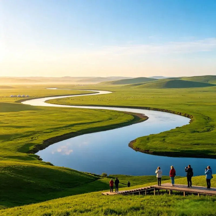 Morigele River winding across vast Hulunbuir grassland, tourists viewing the landscape from observation deck