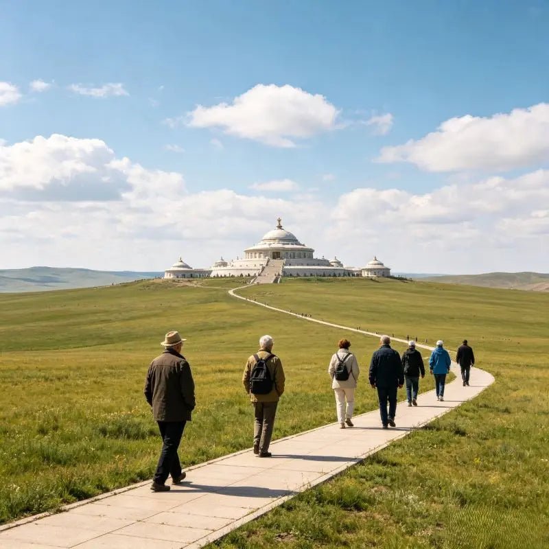 Tourists walking on a path toward a white cultural exhibition building on the Hulunbuir prairie under clear blue sky
