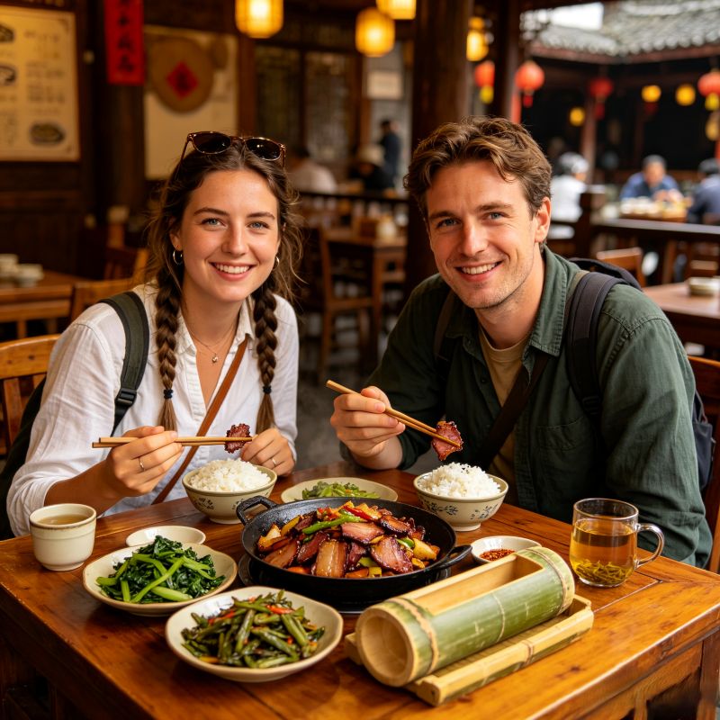 Western travelers having farm-style lunch with wild vegetables and bamboo rice, Zhangjiajie countryside, Hunan China