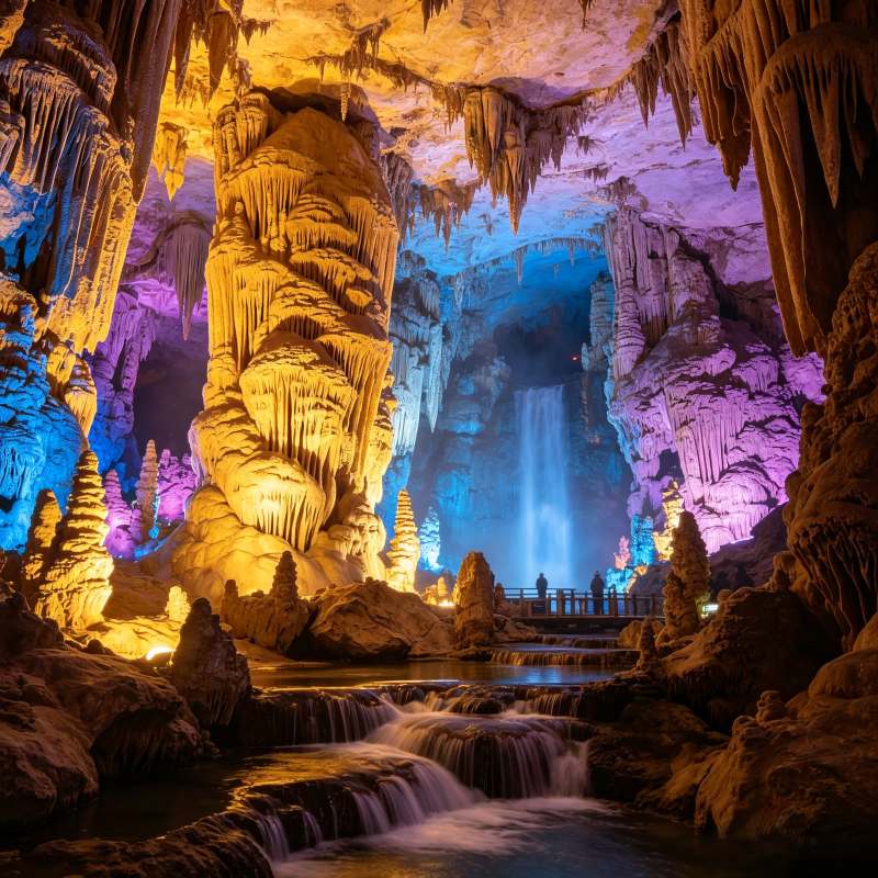 Silver Cave karst cave with colorful lit stalactites and underground waterfall, Yangshuo, Guilin, China