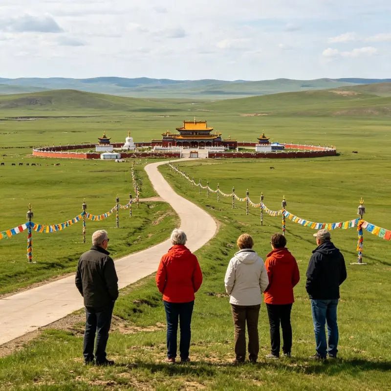 Western tourists at traditional Mongolian temple with prayer flags across vast Hulunbuir grassland