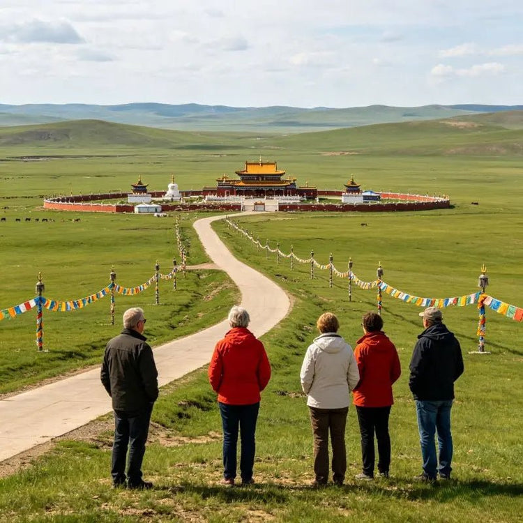 Western tourists at traditional Mongolian temple with prayer flags across vast Hulunbuir grassland