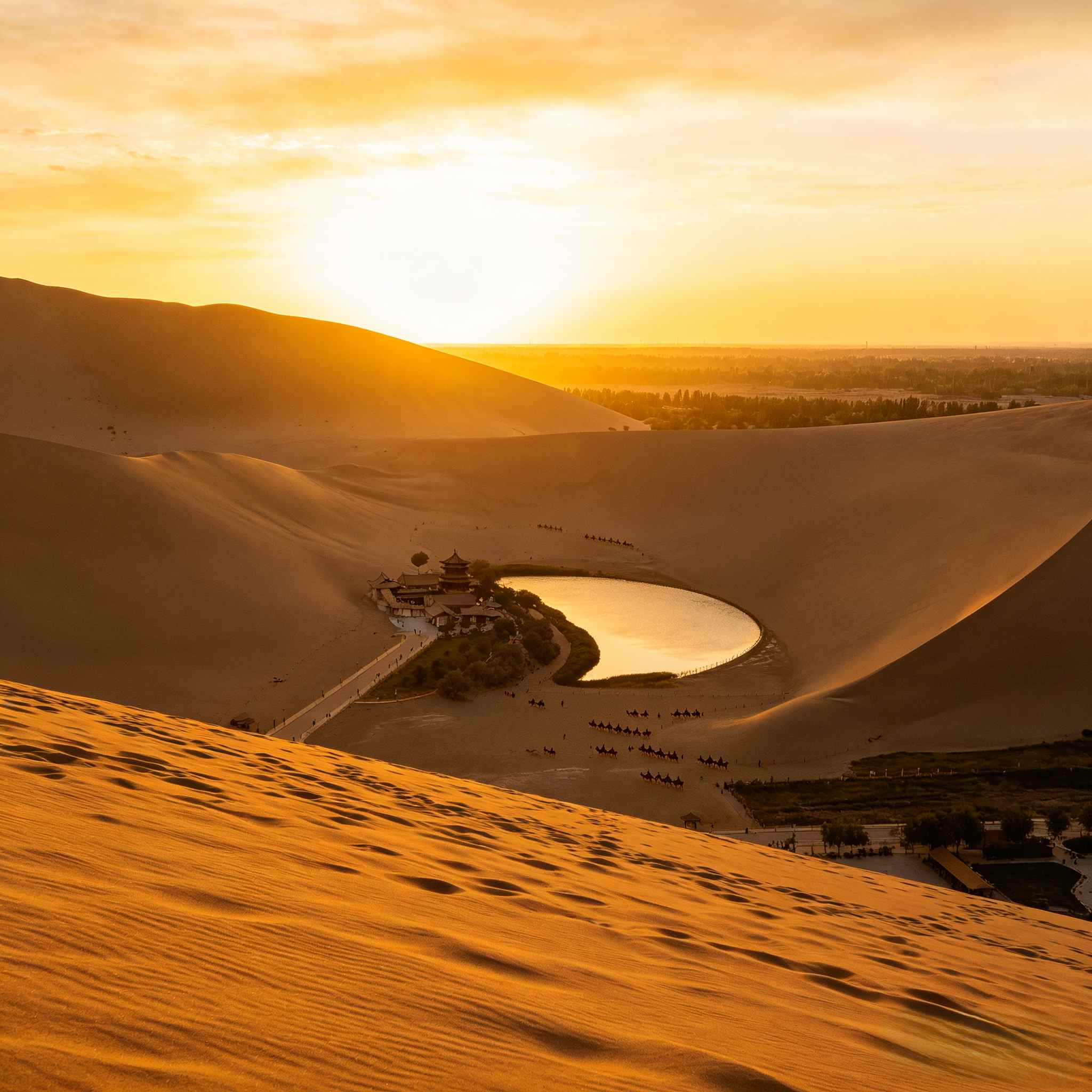 Mingsha Mountain and Crescent Spring desert oasis in Dunhuang China